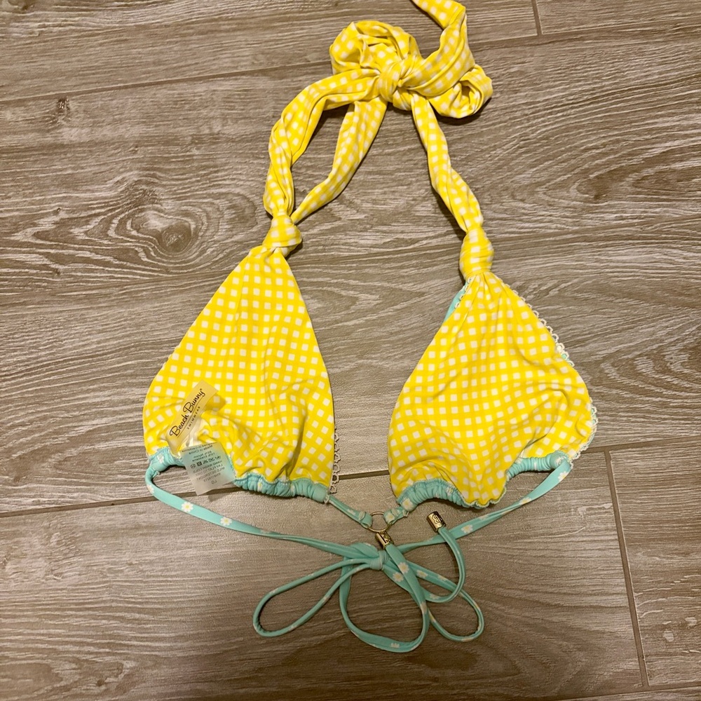 Beach Bunny Aqua Daisy Triangle Bikini Top with Yellow Gingham Ties Large - Picture 2 of 5